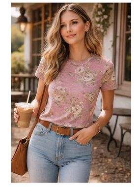 RIPE Floral Knit Soft Stretchy Tee Dusty Rose Sz S Rayon Blend Cottagecore Boho